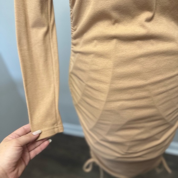 Elegant Tan Ruched Dress - Picture 6 of 9